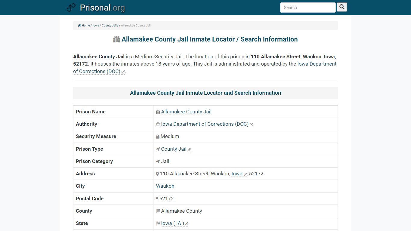 Allamakee County Jail Inmate Locator / Search Information